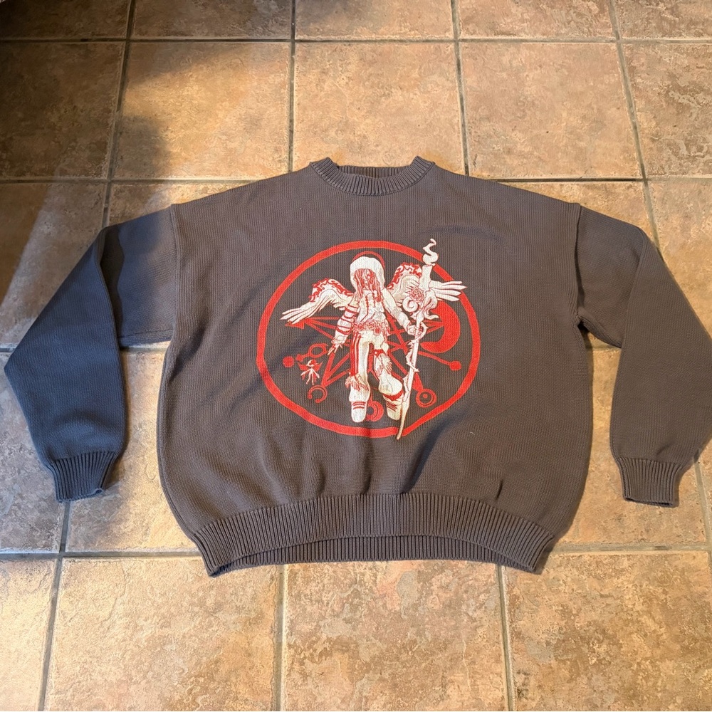 Card Captor Men's Gray Graphic Crewneck Sweater with Red Accent